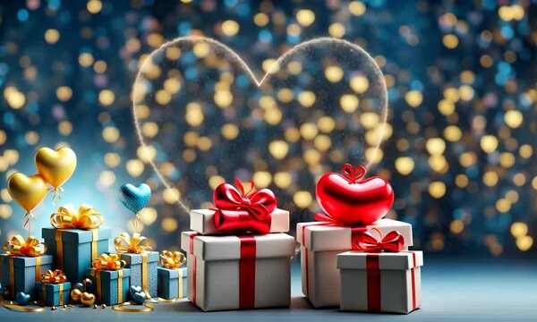 Cadeaux et c&oelig;urs apparaissant dans une sc&egrave;ne festive bleue avec des ballons en forme de c&oelig;ur et des paquets cadeaux bleus et jaunes sur fond paillet&eacute;, ambiance joyeuse et color&eacute;e