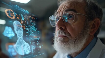 A doctor examining a holographic patient chart, with a confused or anxious expression on their face. The hologram should display various medical data, charts, and vital signs projected in mid-air.
