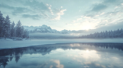 Fototapeta premium Winter wonderland with a frozen lake, snow-covered mountains in the distance, and a soft, cloudy sky