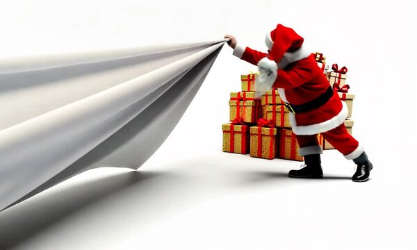 Le P&egrave;re No&euml;l lutte pour rattraper son &eacute;norme hotte qui s'envole, laissant appara&icirc;tre des cadeaux de No&euml;l dor&eacute;s, sc&egrave;ne festive, dr&ocirc;le et pleine de magie