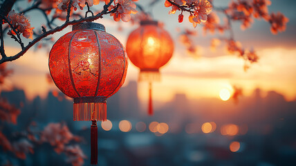 Obraz premium Chinese Festival Atmosphere Red Lantern & Blossom Illustration Wallpaper