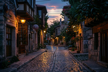 Fototapeta premium A narrow cobblestone street with old buildings along it. A quiet dusk.