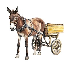 Watercolor Illustration of a Brown Donkey Pulling a Wooden Cart.