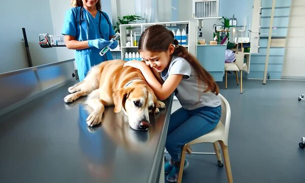 Euthanasie d'un Golden retriever chez le v&eacute;t&eacute;rinaire, sa petite ma&icirc;tresse pleure pendant que son chien s'endort pour toujours, v&eacute;t&eacute;rinaire en arri&egrave;re-plan avec la seringue, sc&egrave;ne d&eacute;chirante