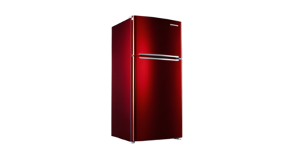 Red fridge or refrigerator isolated on transparent background. Modern home technology appliance to keep the food cold and fresh, electric cooler object, kitchen equipment, freeze temperature storage