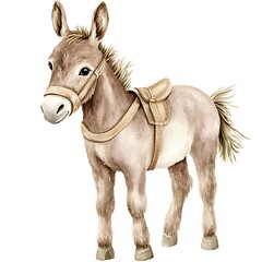 Obraz premium Watercolor Illustration of a Cute Donkey with Saddle.