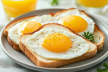 Fototapeta premium Healthy Breakfast of Fried Eggs on Whole Wheat Toast with Fresh Parsley