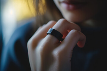 Woman is touching her smart ring, monitoring brain waves and biometrics