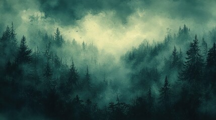 Obraz premium Mysterious forest shrouded in fog, creating an enchanting atmosphere with dark silhouettes against a greenish haze.