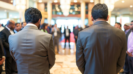 Fototapeta premium Two suited product managers face a crowd, preparing to announce significant news regarding a product recall due to quality issues, expressing regret and apology.
