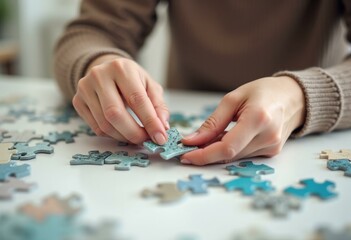 Person Assembling a Jigsaw Puzzle with Focused Hands