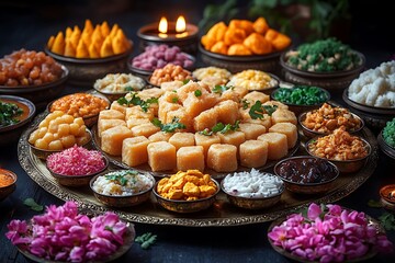 A Festive Arrangement of Indian Sweets and Savories on a Brass Platter