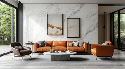 Modern Living Room with White Marble, Leather Sofa, Armchair, and Realistic Textures in Natural Daylight