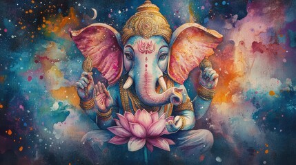 Vibrant illustration of Lord Ganesha, symbolizing wisdom and prosperity, surrounded by cosmic colors and lotus flower.
