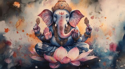 Vibrant watercolor artwork of Lord Ganesha seated on a lotus, symbolizing wisdom and prosperity in a colorful setting.