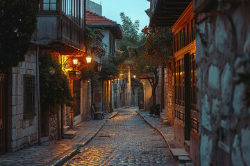 Obraz premium A narrow cobblestone street with old buildings along it. A quiet dusk.
