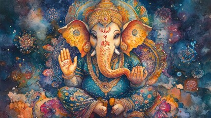 Obraz premium Vibrant watercolor illustration of Ganesha, showcasing intricate patterns and rich colors, symbolizing prosperity and wisdom.