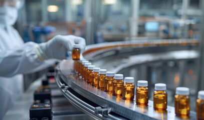 Pharmacist hand holds medical vial on a production conveyor
