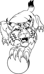 A wildcat or bobcat with a cricket ball animal sports team mascot