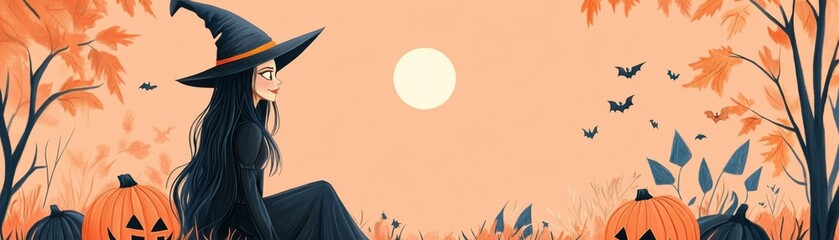 A whimsical Halloween scene featuring a witch beside pumpkins under a full moon with autumn leaves and a spooky atmosphere