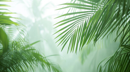 Fototapeta premium Green palm leaves in misty, tropical setting, creating serene and natural backdrop. Ideal for eco-friendly designs, wellness branding, or nature-inspired projects focused on relaxation and tranquility