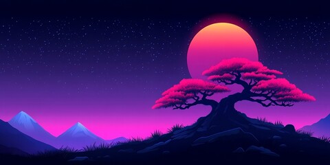 A vibrant pink sunset casts colorful hues over a serene mountain landscape with a tree