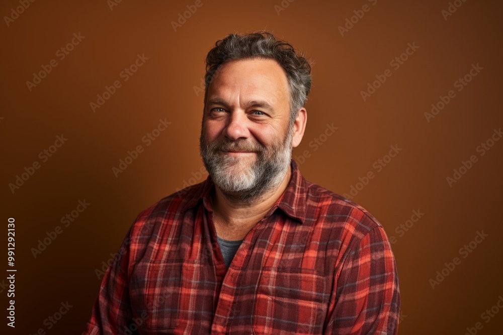 Wall mural Portrait of a happy man in his 50s wearing a comfy flannel shirt isolated on soft brown background