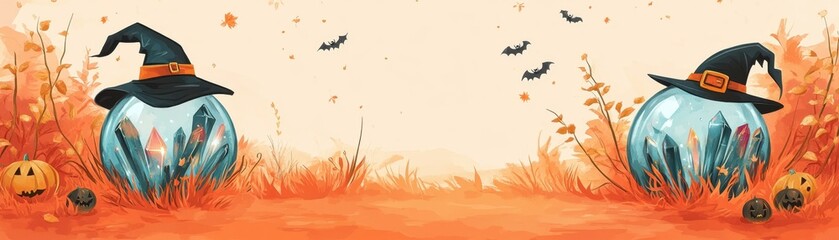 Whimsical Halloween scene featuring pumpkins, colorful foliage, and playful bats in a vibrant autumn landscape