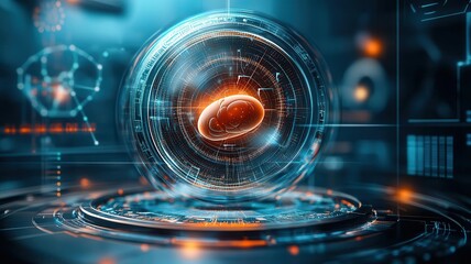 Embryo floating in a futuristic incubator surrounded by scientific symbols, science and life, embryonic growth