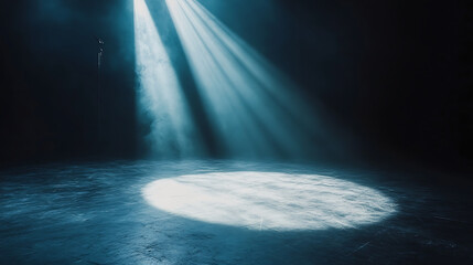 Close-up of a spotlight beam on a stage floor, with the surrounding space in deep shadow
