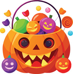 Scary pumpkin basket to collect candy on Halloween day, Concept for Halloween holiday