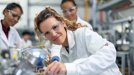 A space engineer testing components of a satellite, surrounded by a diverse engineering team