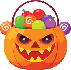 Naklejka premium Scary pumpkin basket to collect candy on Halloween day, Concept for Halloween holiday