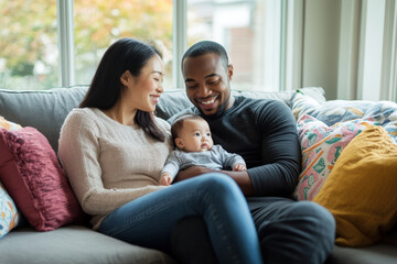 Obraz premium Young interracial family is spending time together at home, smiling and bonding with their newborn baby