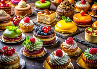 Assorted colorful desserts and pastries.