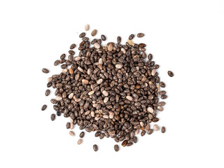 chia seeds on white background top view. Pile of healthy chia seeds Isolated on white with clipping...