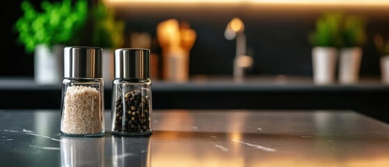 Elegant salt and pepper shakers on a kitchen counter with modern decor.