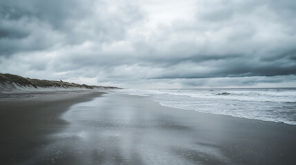 Rainy day at the beach with grey clouds, gentle waves, and wet sand, creating a dramatic coastal scene