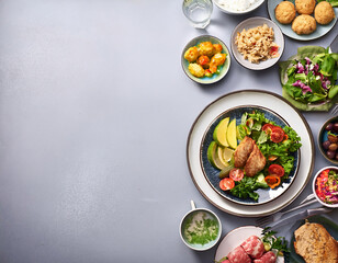 Top view of different salads served on beige background, flat lay, copy space