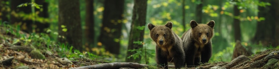 Obraz premium Two bears are standing in a forest. The bears are small and cute, and the forest is lush and green