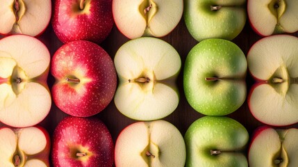 Closeup of rows of fresh apple slices, alternating between red and green for a striking pattern effect