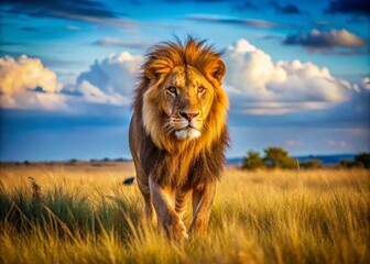 Majestic lion walking in golden grasslands.