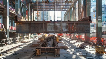 Steel Beam Installation at Construction Site