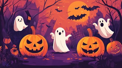 Halloween decoration illustration featuring spooky elements like pumpkins, ghosts, and bats, perfect for festive themes