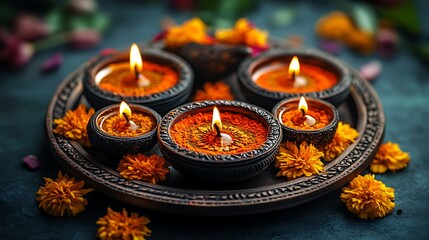Illuminated Clay Diya Lamps with Marigold Flowers on a Wooden Plate