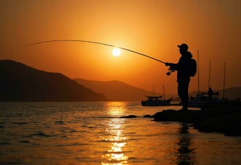 Silhouette of a Man Fishing from a Rock Near a Small Boat