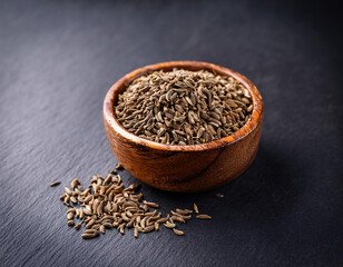 Cumin seeds in a wooden bowl on a black background. Selective focus, copy space