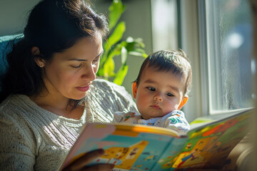 Obraz premium Young mother enjoys a quiet moment reading a book with her baby son by the window