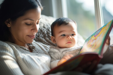 Obraz premium Young mother is sitting comfortably with her baby daughter, reading her a story from a colorful picture book