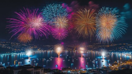 Spectacular Colorful Fireworks Display Over Water